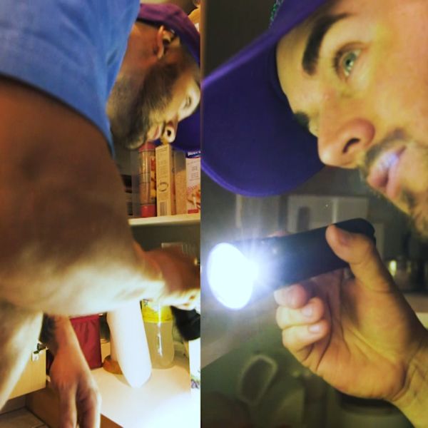 A composite photo of a Conquer Termites technician checking a kitchen before doing a pest control
